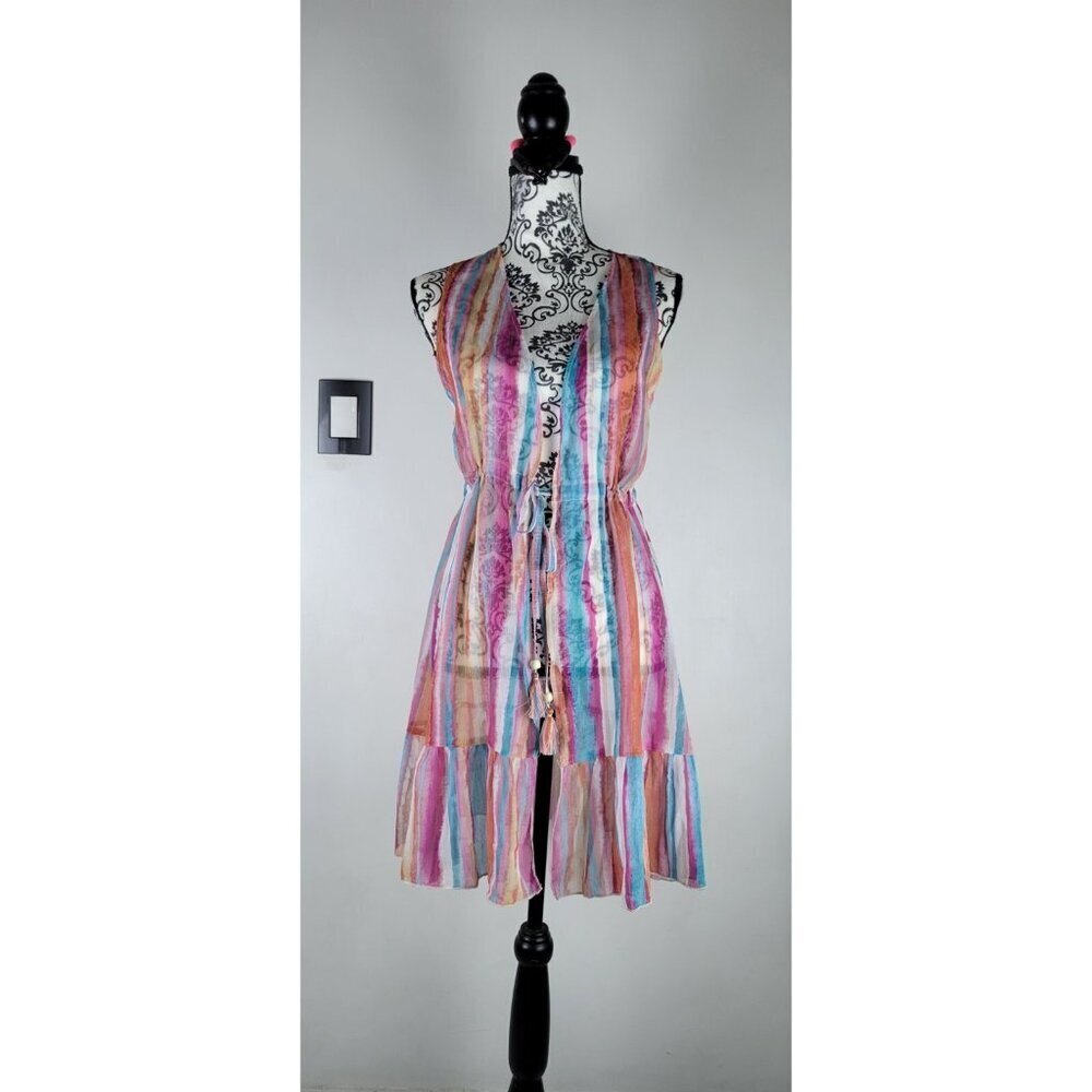 Lucky Brand Sheer Cover Up Womens Ruffle Dress Multicolor Striped Sz Small